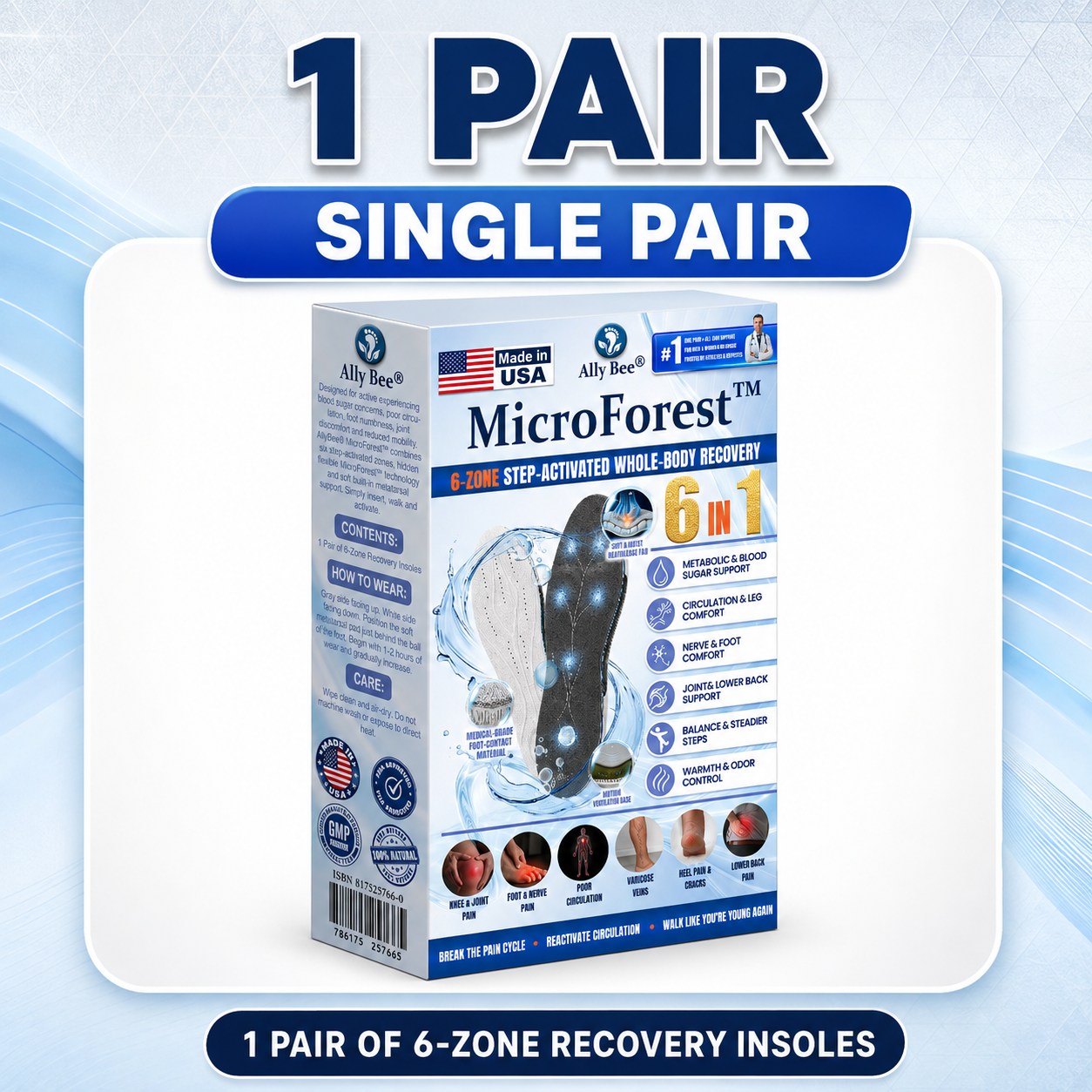 AllyBee® MicroForest™ BioBalance 6-Zone Wellness Insoles — Metabolism, Circulation, Nerves, Joints, Lower Back & Balance Support
