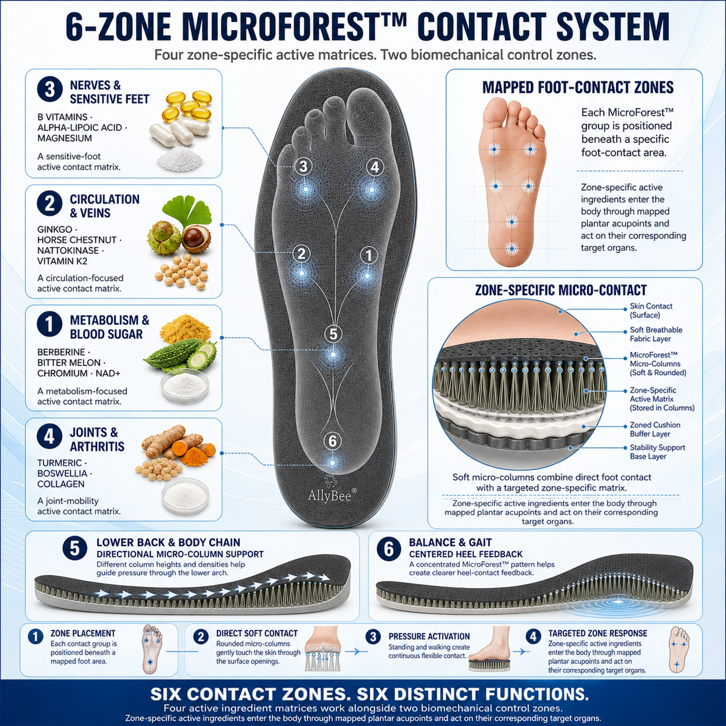 AllyBee® MicroForest™ BioBalance 6-Zone Wellness Insoles — Metabolism, Circulation, Nerves, Joints, Lower Back & Balance Support