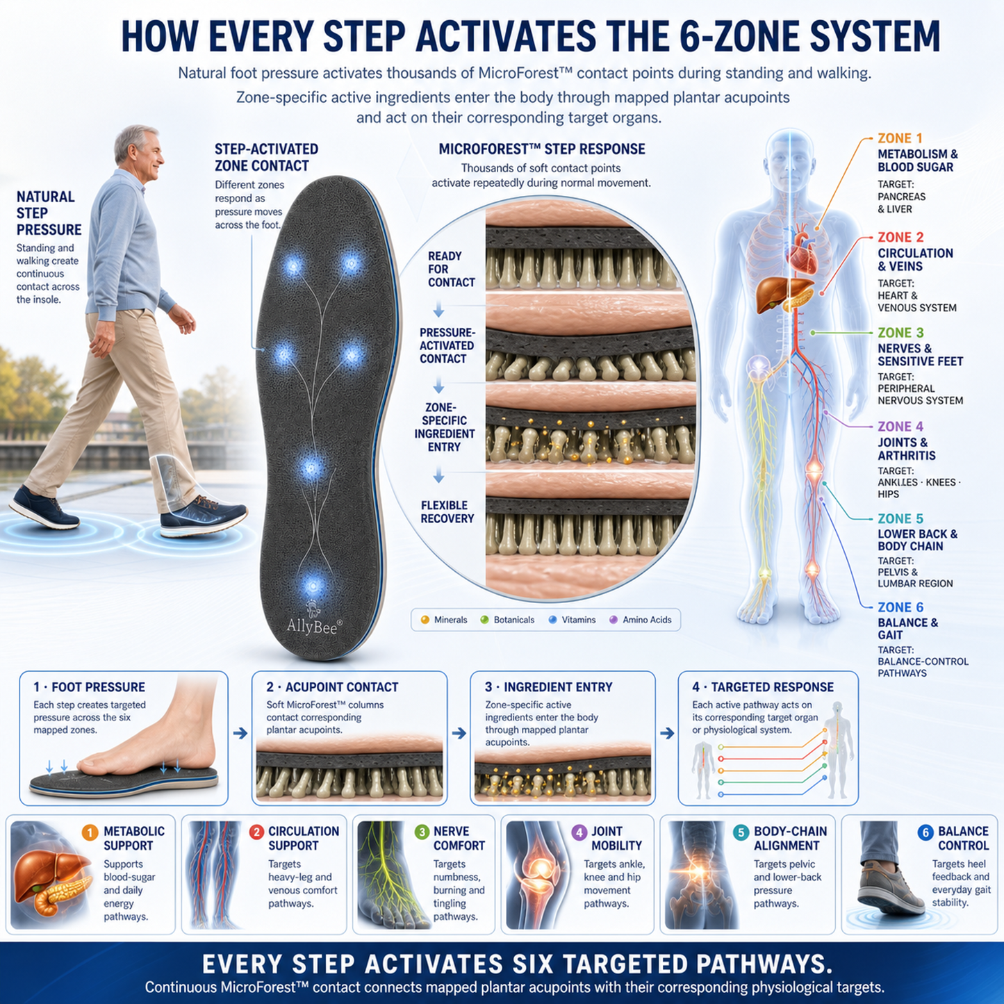 AllyBee® MicroForest™ BioBalance 6-Zone Wellness Insoles — Metabolism, Circulation, Nerves, Joints, Lower Back & Balance Support