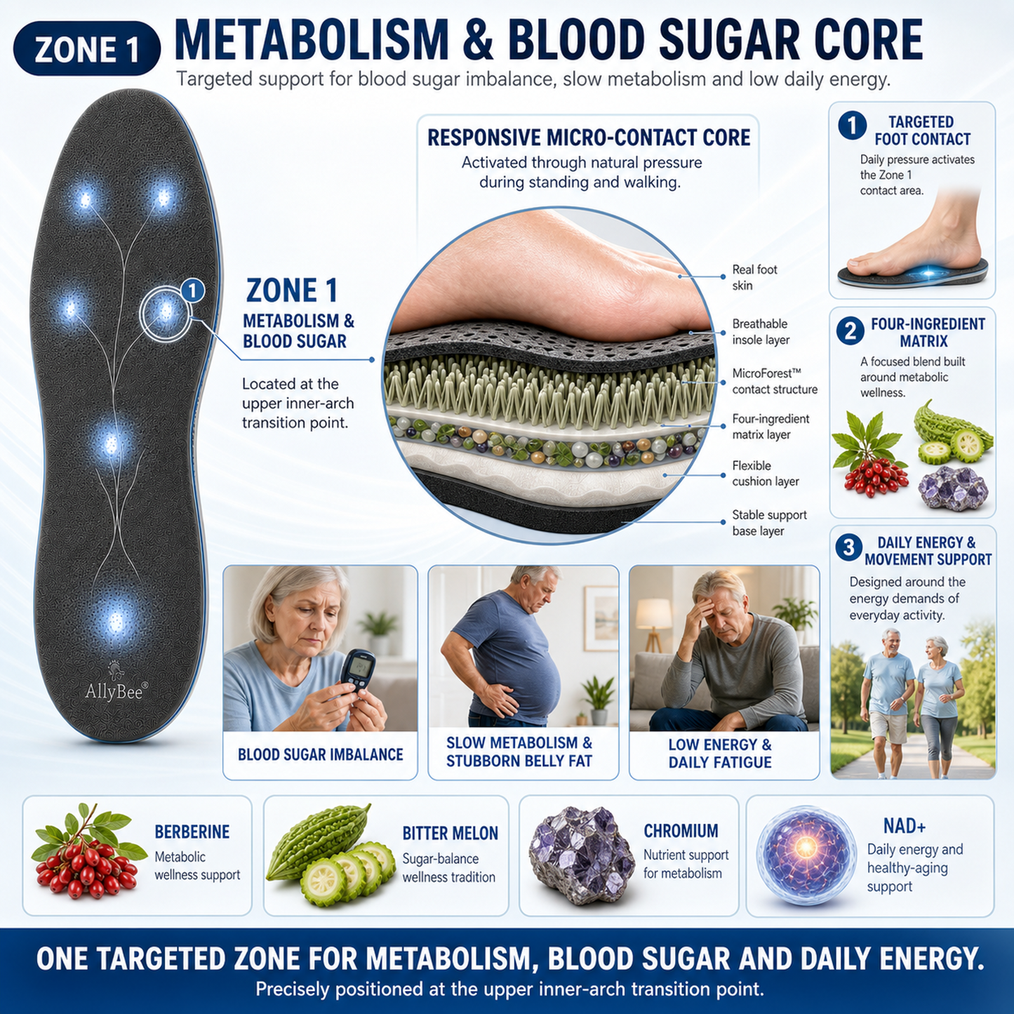 AllyBee® MicroForest™ BioBalance 6-Zone Wellness Insoles — Metabolism, Circulation, Nerves, Joints, Lower Back & Balance Support